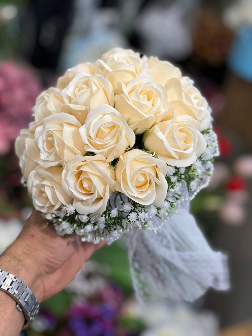 دسته گل عروس رز مصنوعی صابونی ۱۸شاخه گلبهی
